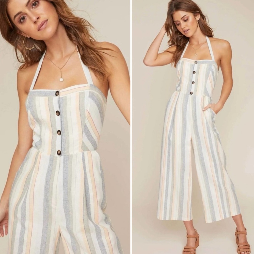 ASTR The Label Diane Linen Blend Striped Halter Jumpsuit